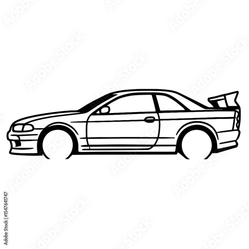 Tuner Sports Car Vector Illustration in Black and White Side View Line Art Featuring Racing Modifications and Rear Spoiler

