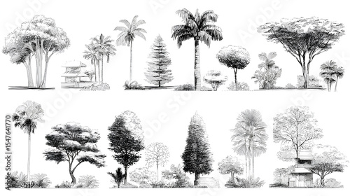 Architectural Drawings, Minimal style cad tree line drawing, Side view, set of section wetland forest outline for landscape design drawing. Vector illustration in seperate element Stock Vector
