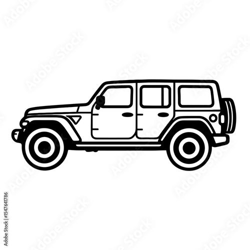 Off-Road SUV Vector Illustration in Black and White Line Art Style Featuring Rugged Design and Side View Profile
