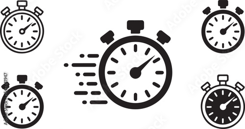 Monochrome fast stopwatch vector collection with motion streaks for time-sensitive projects