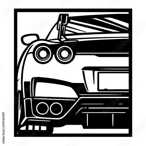 Tuner car front view black and white vector illustration with aggressive headlights, aerodynamic bumper, and sleek design for automotive enthusiasts
