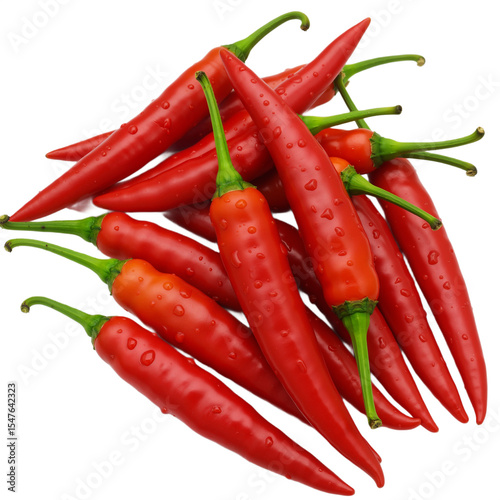 Glossy Red Chili Peppers with Water Droplets Against White Background