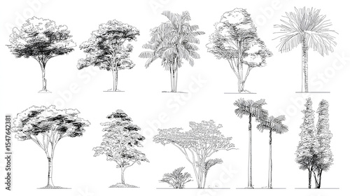 Architectural Drawings, Minimal style cad tree line drawing, Side view, set of section wetland forest outline for landscape design drawing. Vector illustration in seperate element Stock Vector