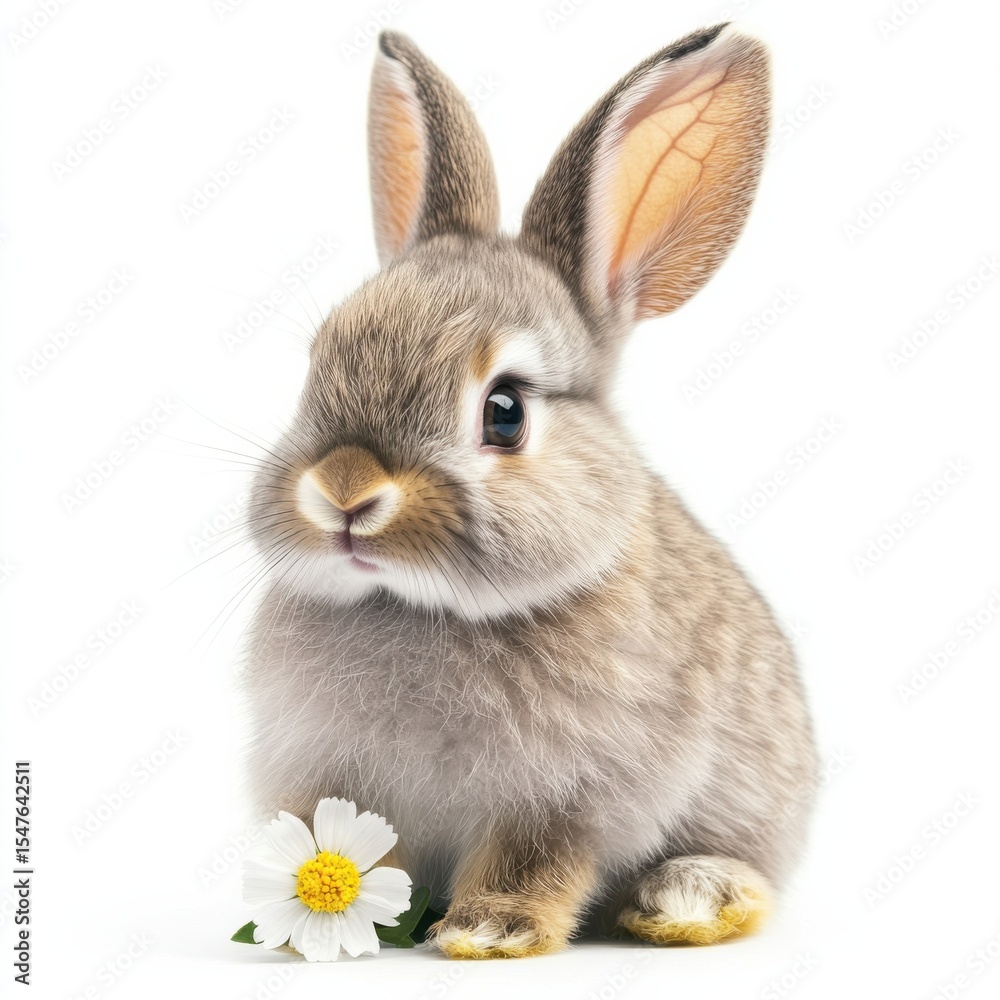 Obraz premium Adorable Fluffy Bunny with Big Ears Sitting Beside a Flower