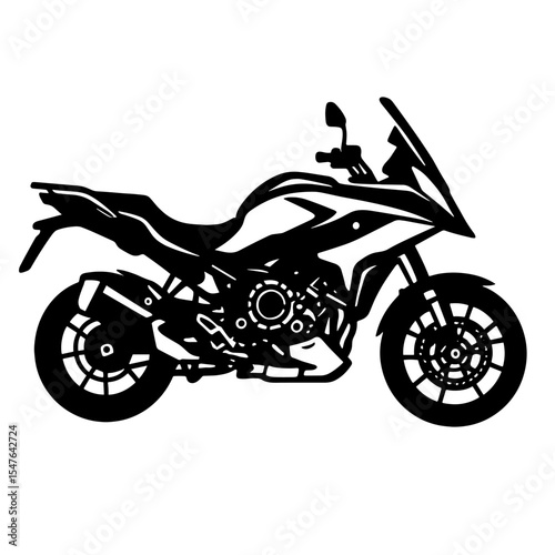 Sport touring motorcycle black and white line art illustration in side view with aerodynamic fairing, upright seating, and saddlebags for performance travel
