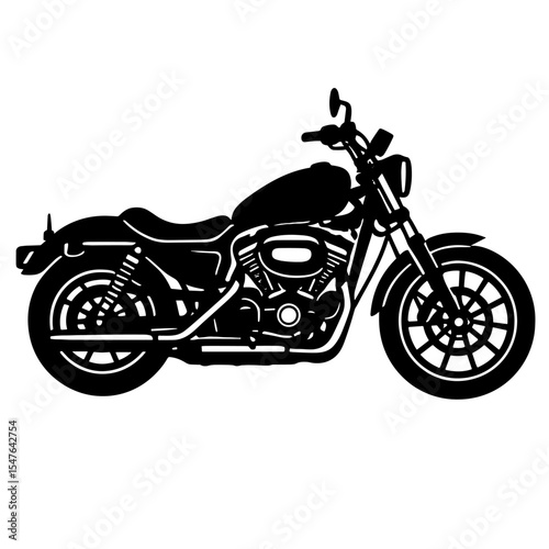 Retro cruiser motorcycle black and white line art illustration in side view featuring classic fenders, low seat, and vintage styling for relaxed road riding
