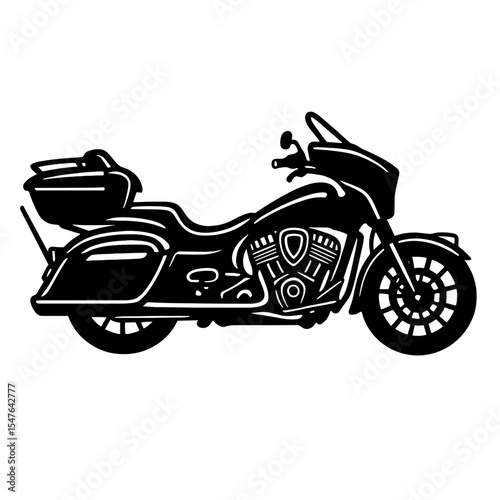 Luxury touring motorcycle black and white line art illustration in side view with hard saddlebags, full fairing, and passenger backrest for long-distance travel
