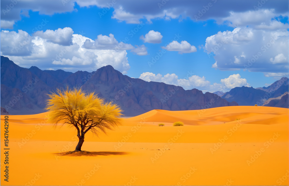 Fototapeta premium Lonely Tree in Desert with Distant Mountains and Clouds