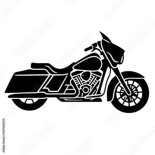 Modern bagger motorcycle black and white line art illustration in side view with extended saddlebags, fairing, and touring design for road trips
