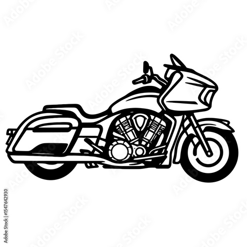 Modern touring motorcycle black and white line art illustration in side view with full fairing, saddlebags, and aerodynamic design for long-distance travel
