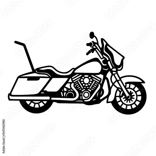 Touring motorcycle black and white line art illustration in side view with saddlebags, large fairing, and comfortable long-distance riding design
