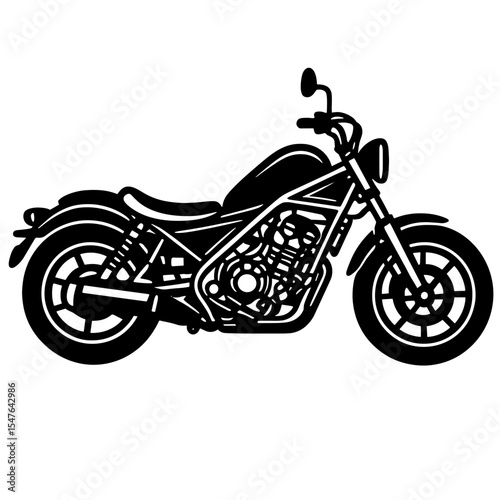 Detailed cruiser motorcycle black and white line art illustration in side view with large tires, low seat, and classic V-twin engine design
