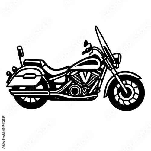 Cruiser motorcycle black and white line art illustration in side view with low seat, large fuel tank, and classic touring design

