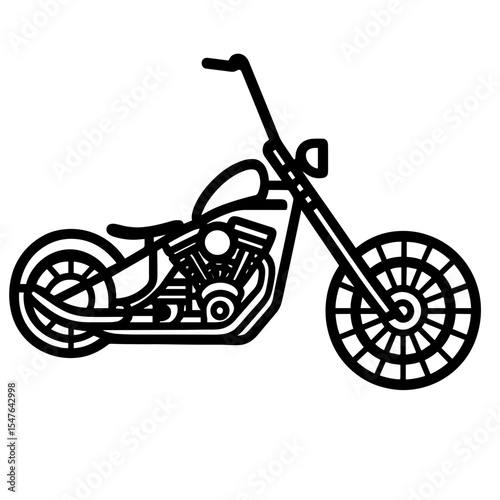 Custom chopper motorcycle black and white line art illustration with extended front forks, low seat, and classic cruiser design in side view
