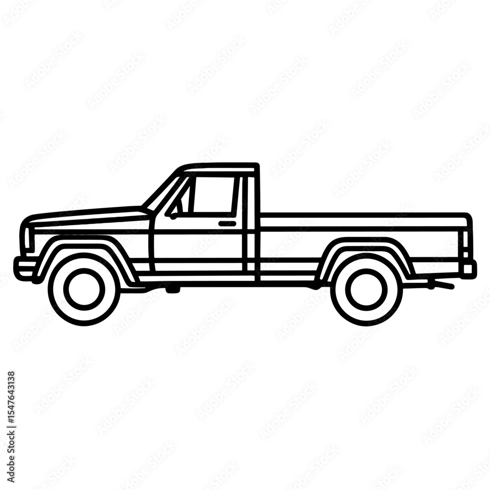 Classic pickup truck black and white line art illustration of side view utility vehicle with extended bed and rugged design
Classic pickup truck black and white line art illustration of side view utility vehicle with extended bed and rugged design