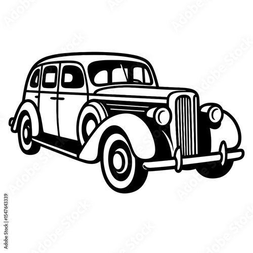 Black and white vector illustration of a vintage luxury sedan car with rounded fenders and classic grille design
