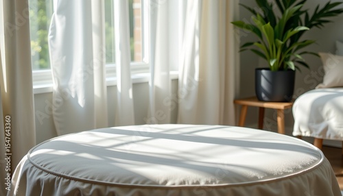 Living room design in bright colors, simple style, minimalist, relaxing atmosphere, close focus, soft sofa surface and airy curtains, falling with green potted plants, adding freshness to the room.