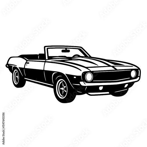 Black and white vector illustration of a vintage convertible muscle car with sporty design and front grille, side view
