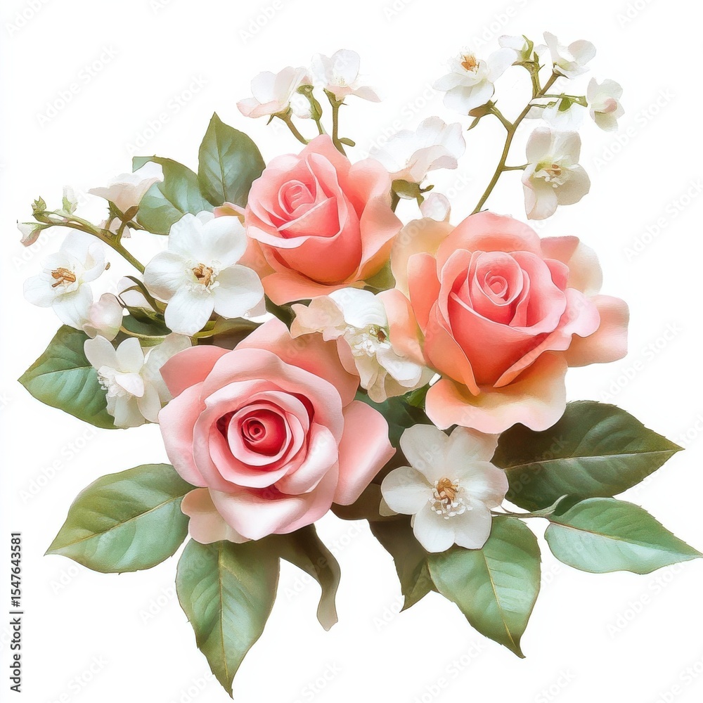 Fototapeta premium Soft Pink Roses and White Flowers Arrangement on a Green Background