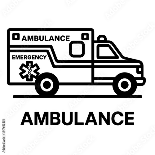 Black and white vector illustration of an emergency ambulance vehicle with siren and medical symbol
