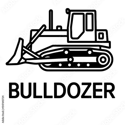 Bulldozer black and white vector illustration, heavy construction equipment with blade and crawler tracks for earthmoving, demolition, and land clearing projects
