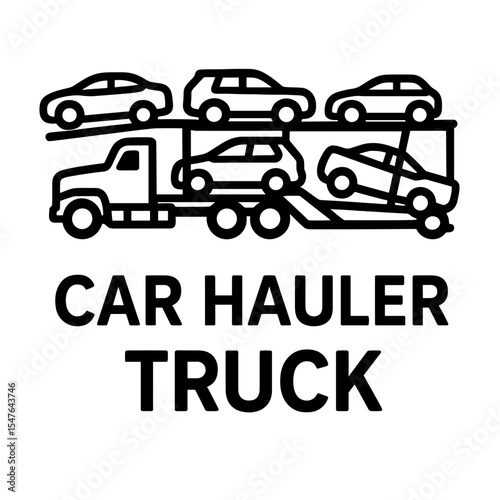 Car hauler truck black and white vector illustration, vehicle transport trailer loaded with multiple cars for logistics, shipping, and commercial transport
