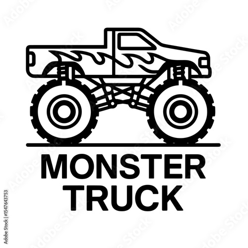 Monster truck black and white vector illustration, off-road vehicle with oversized tires and rugged suspension for motorsport and extreme automotive design
