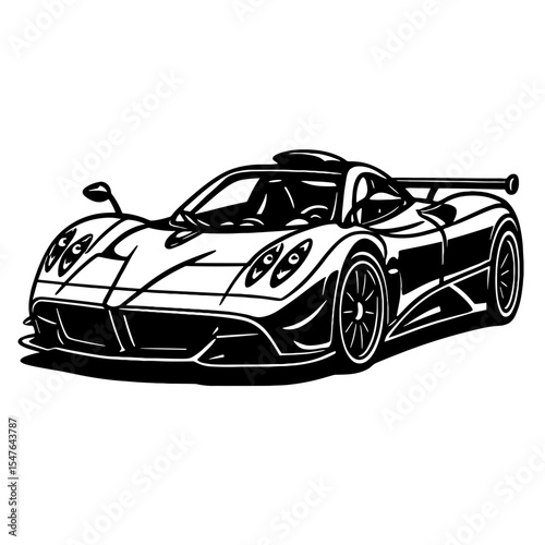 Luxury hypercar front angle black and white vector illustration, detailed exotic sports car line art for high-end automotive and racing design themes
