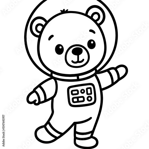 Cute cartoon astronaut bear black and white vector illustration, space suit teddy bear line art for kids and outer space themes
