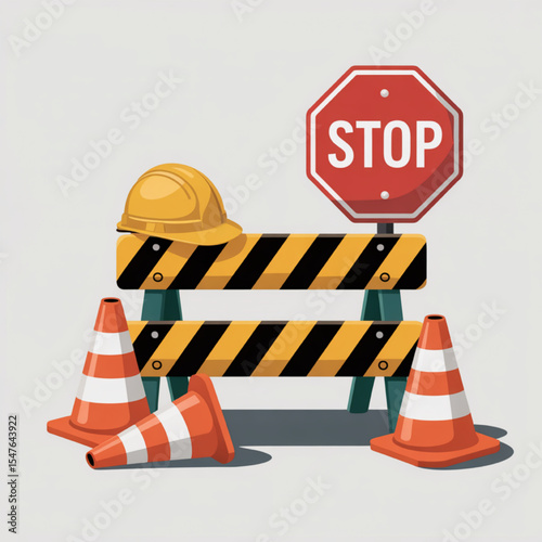 Construction Zone Safety Barrier with Stop Sign Hard Hat Cones Illustration