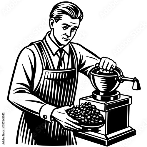 Man grinding coffee beans with a vintage grinder isolated on white