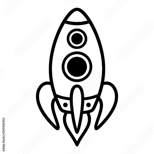 Cartoon rocket black and white vector illustration, space shuttle line art for kids, science fiction, and outer space themes
