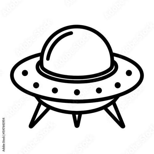 Cartoon UFO black and white vector illustration, flying saucer line art for alien, sci-fi, or space-themed designs
