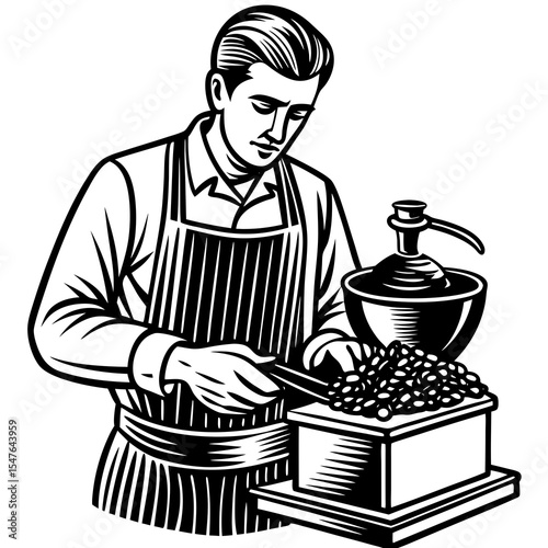 Man grinding coffee beans with a vintage grinder isolated on white