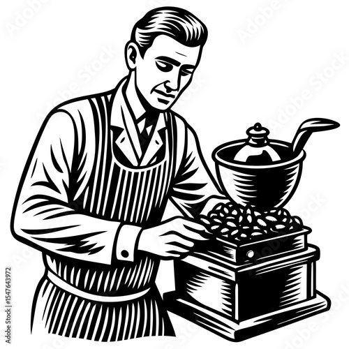 Man grinding coffee beans with a vintage grinder isolated on white