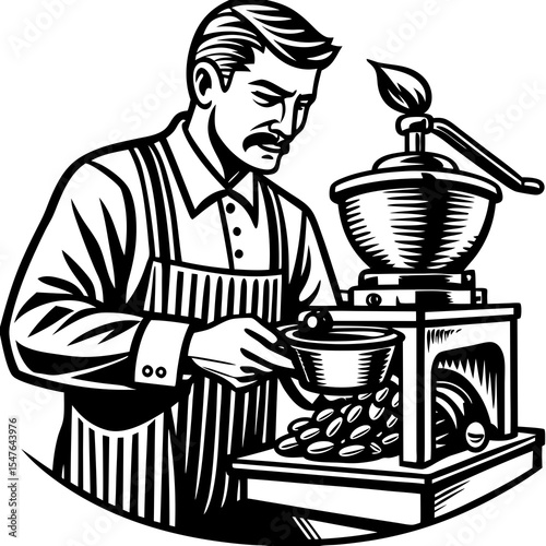 Man grinding coffee beans with a vintage grinder isolated on white