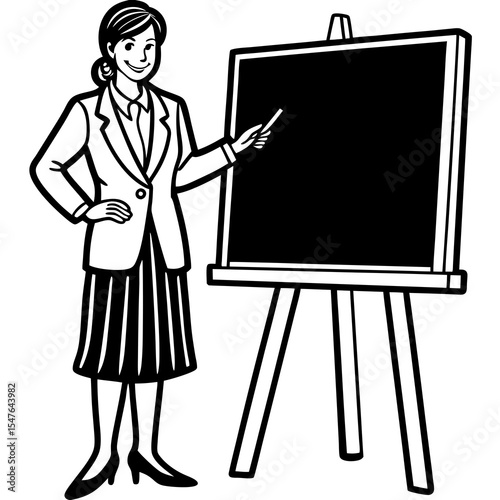 Businesswoman writing on a blackboard isolated on white background
