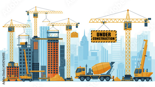 Urban Construction Site Illustration Featuring Tower Cranes Skyscrapers and Construction Equipment