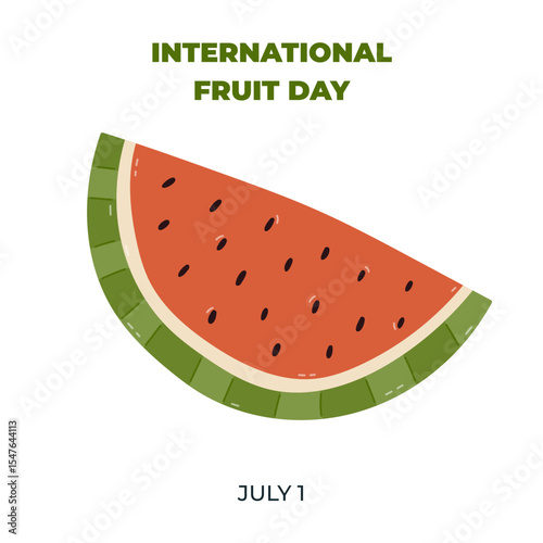 Square lovely banner for International Fruit Day with cartoon watermelon clipart. Minimalistic holiday poster, template for website, social media with tropical summertime fruit illustration.