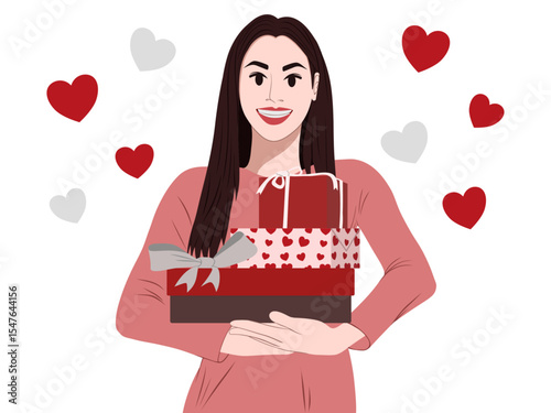 Woman showing heart. Romantic poster or banner, valentines day invitation card. Flirt and positive emotions and gestures.	Young Women Holding Gift Box, Cartoon Style Vector Illustration