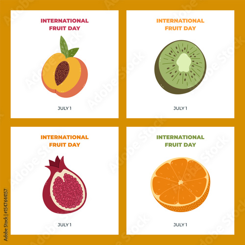 Set of square simple banners for International Fruit Day with cartoon sweet peach, kiwi, pomegranate, orange. Hand drawn exotic juicy fruit clipart for social media post, website banner, promotion