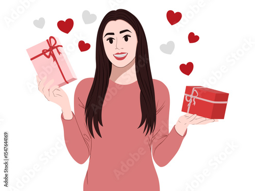 Woman showing heart. Romantic poster or banner, valentines day invitation card. Flirt and positive emotions and gestures.	Young Women Holding Gift Box, Cartoon Style Vector Illustration