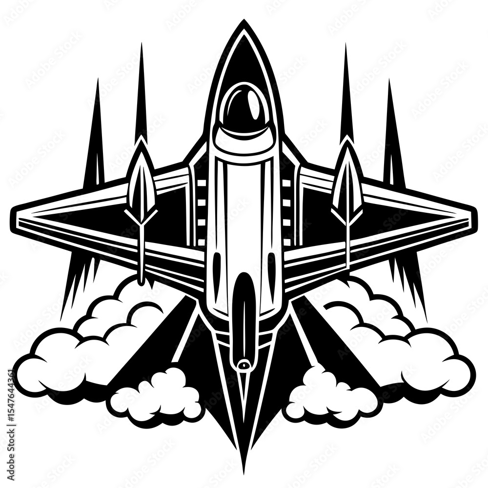 Fototapeta premium Jet fighter plane emblem with clouds isolated on white background