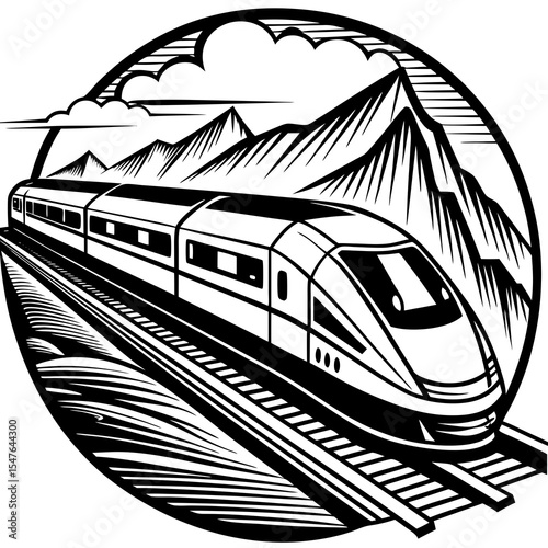 Modern train travels on tracks with mountains in a circle