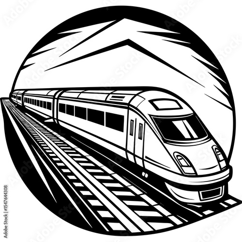 Modern train travels on tracks in a circle with mountains behind