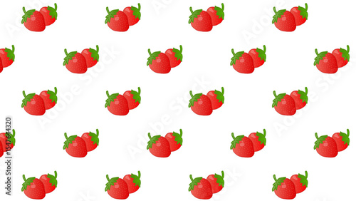 White seamless pattern with red strawberry. Background red cherries and green leaves. Vector design sweet berries as wallpaper