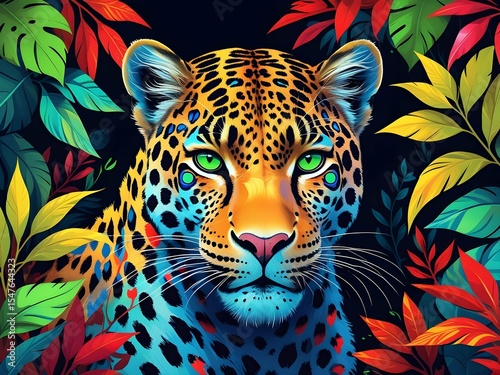 This is a vibrant and artistic digital illustration of a leopard. The leopard is depicted in striking colors, blending natural patterns with surreal, 