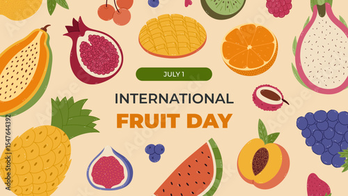 Horizontal vibrant banner for International Fruit Day with cartoon clipart of exotic juicy fruits and berries. Colourful holiday poster, website banner, social media post with pineapple, cherry, kiwi.