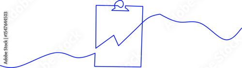 Minimalist one-line drawing of a clipboard with a rising chart, symbolizing growth, business, and progress, ideal for office, finance, and planning themes.