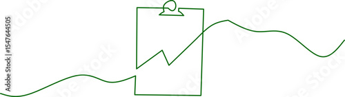 Minimalist one-line drawing of a clipboard with a rising chart, symbolizing growth, business, and progress, ideal for office, finance, and planning themes.